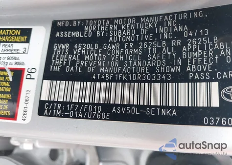 2013 Toyota Camry Le из США, поврежденный, VIN 4T4BF1FK1DR303343